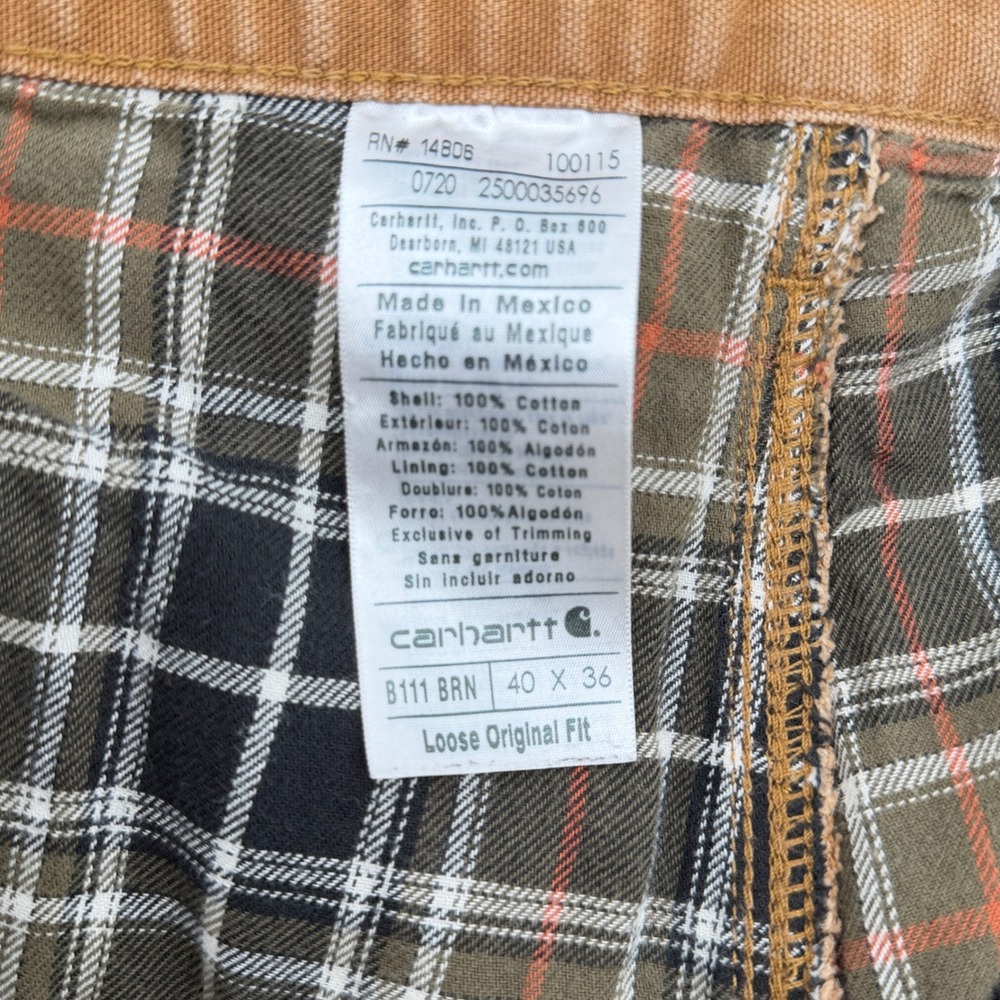 Carhartt B111 BRN Flannel Lined Duck Canvas Carpenter Pants Brown 40x36 Loose - Picture 5 of 5